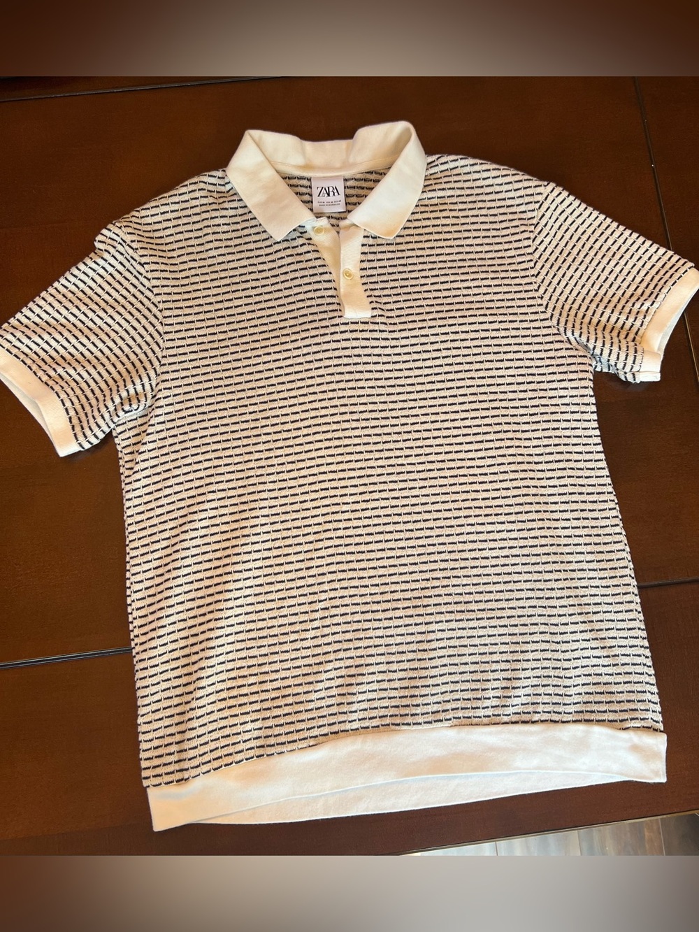 Zara Mens Textured Knit Stripe Polo Shirt Short Sleeve Retro